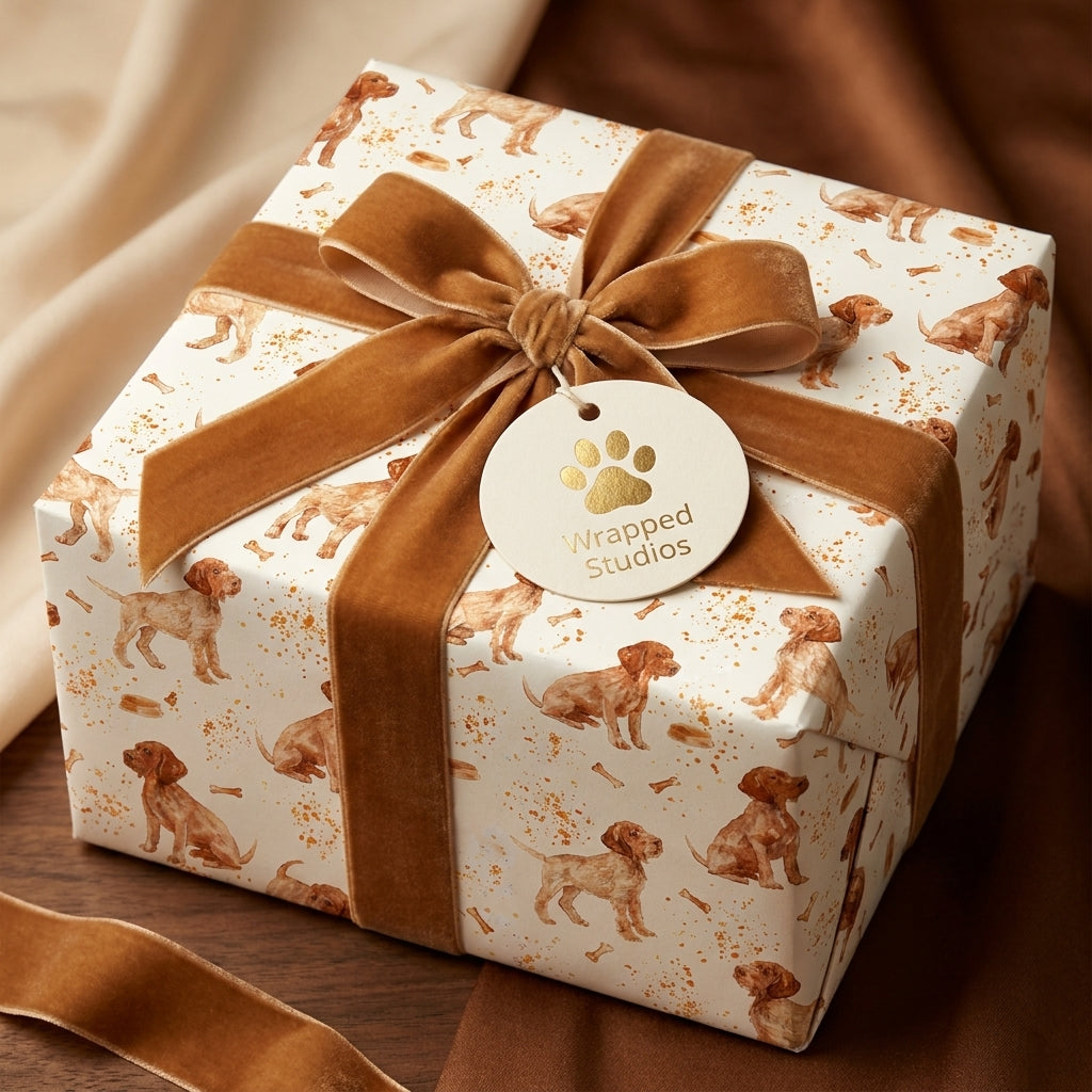 Luxury dog wrapping paper by Wrapped Studios, featuring watercolor puppies and a brown velvet bow.