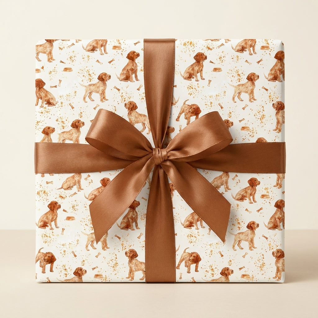 Cute watercolor puppy dog wrapping paper on a gift box with a brown satin bow by Wrapped Studios.