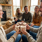 Dog wrapping paper by Wrapped Studios on a holiday gift box exchanged by a couple in a cozy living room.