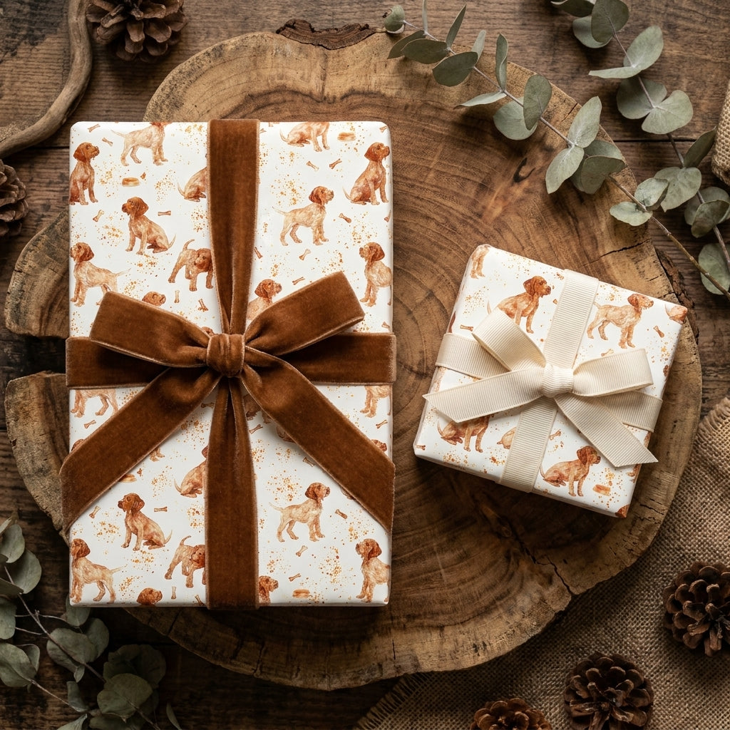 Luxury puppy dog wrapping paper with velvet ribbon on rustic gift boxes by Wrapped Studios.