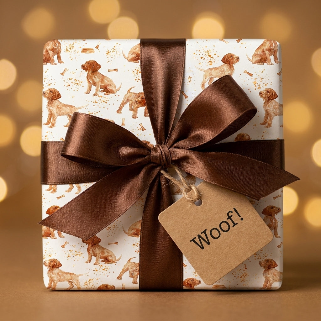 Puppy dog wrapping paper with elegant brown satin ribbon and Woof gift tag by Wrapped Studios.