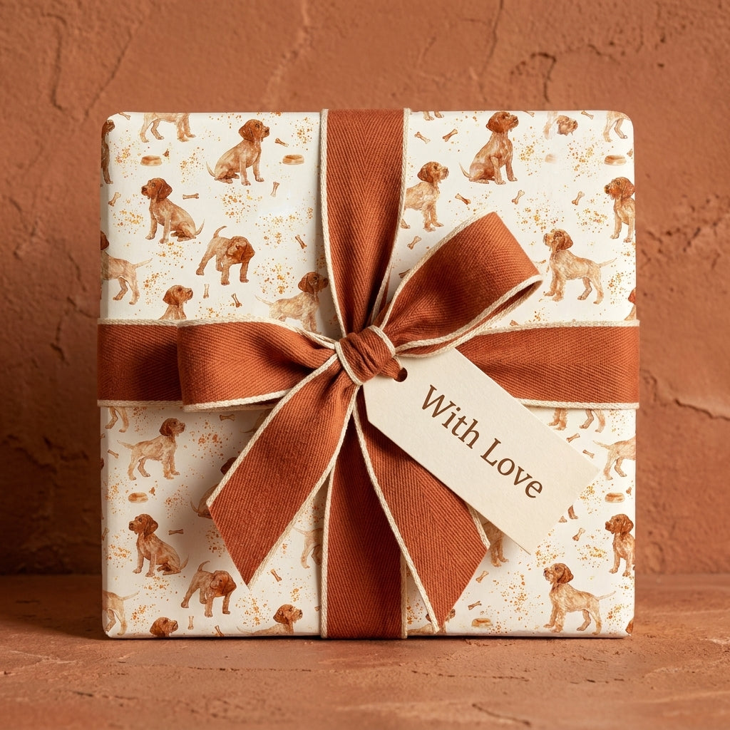Cute dog wrapping paper with a terracotta ribbon and "With Love" gift tag by Wrapped Studios.