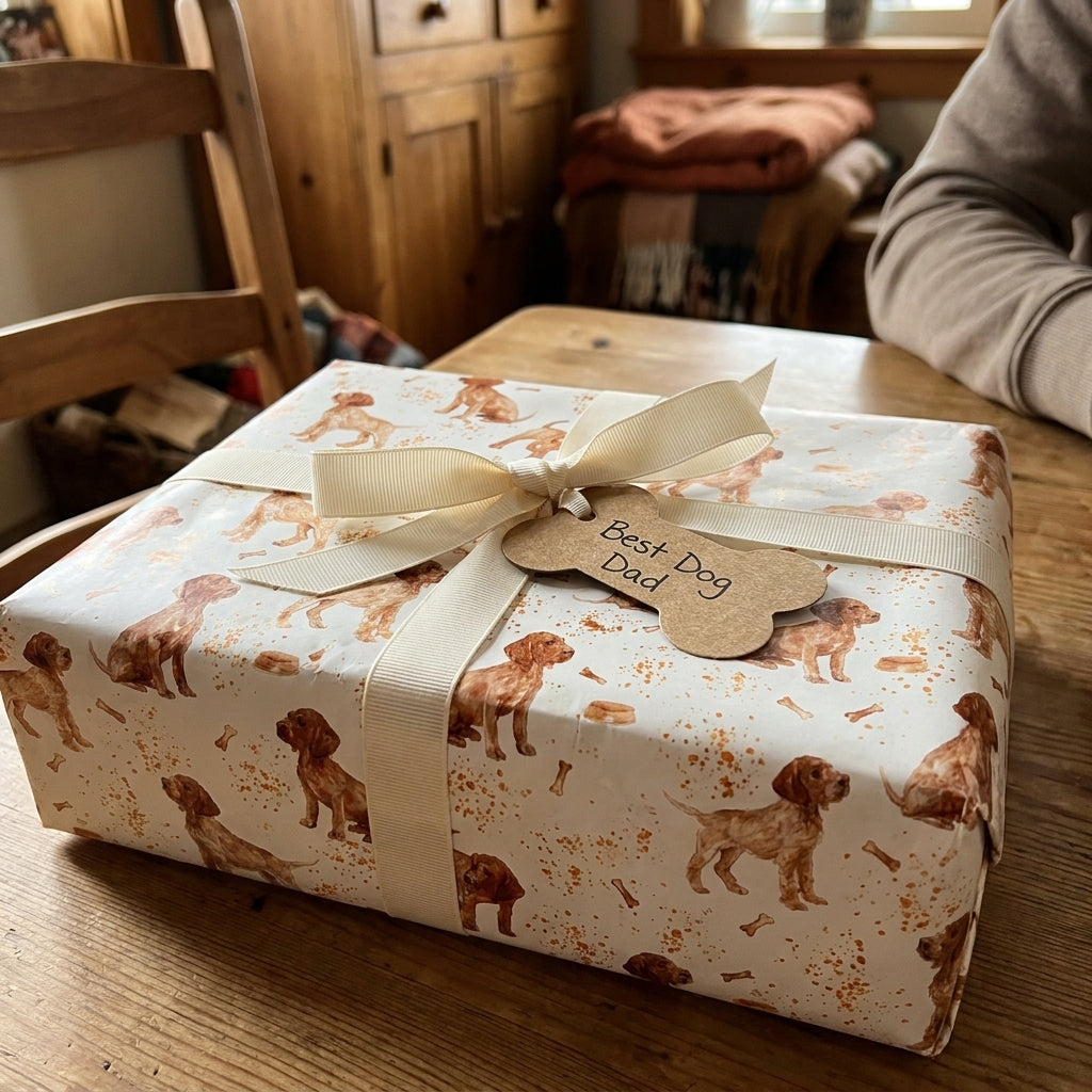 Puppy dog wrapping paper on a gift box with Best Dog Dad tag and ribbon by Wrapped Studios.