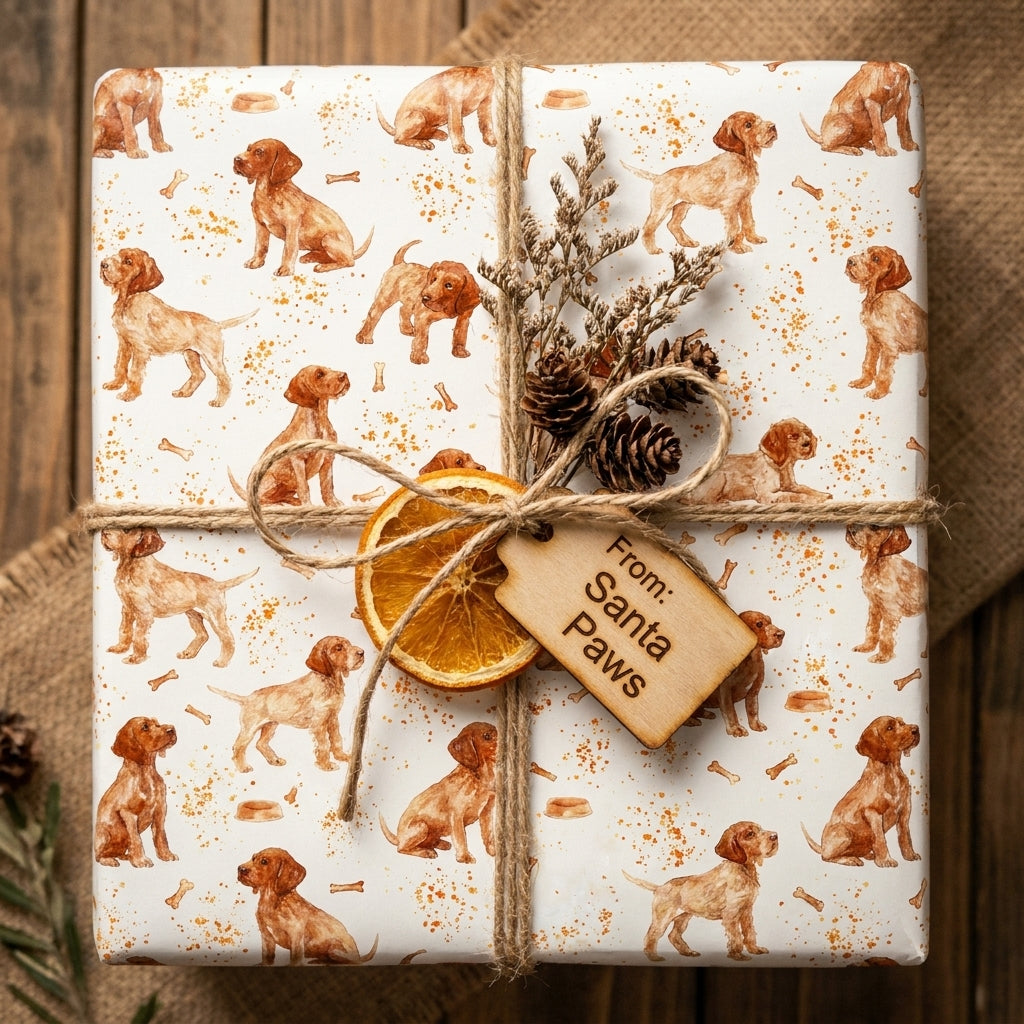 Dog Christmas wrapping paper with watercolor puppy pattern and Santa Paws gift tag by Wrapped Studios.