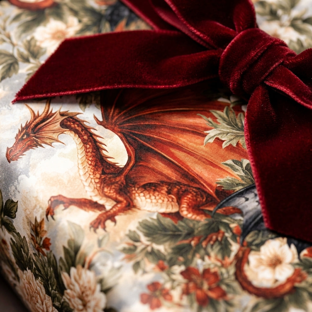 Fantasy dragon wrapping paper with luxury floral design and red velvet bow by Wrapped Studios.