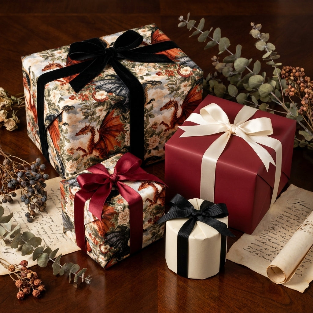 Vintage dragon wrapping paper and luxury floral gift wrap with velvet ribbons by Wrapped Studios.