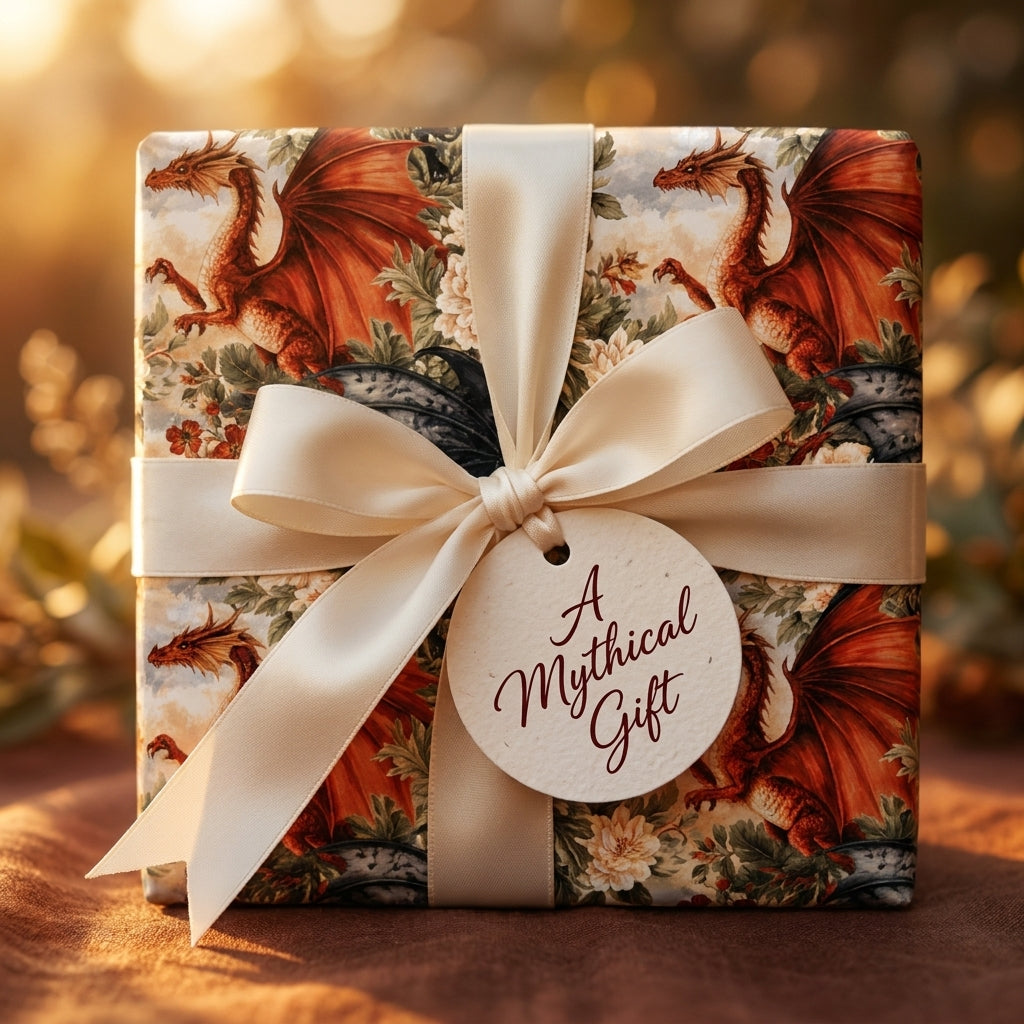 Luxury dragon wrapping paper with a cream satin bow on a mythical gift box by Wrapped Studios.