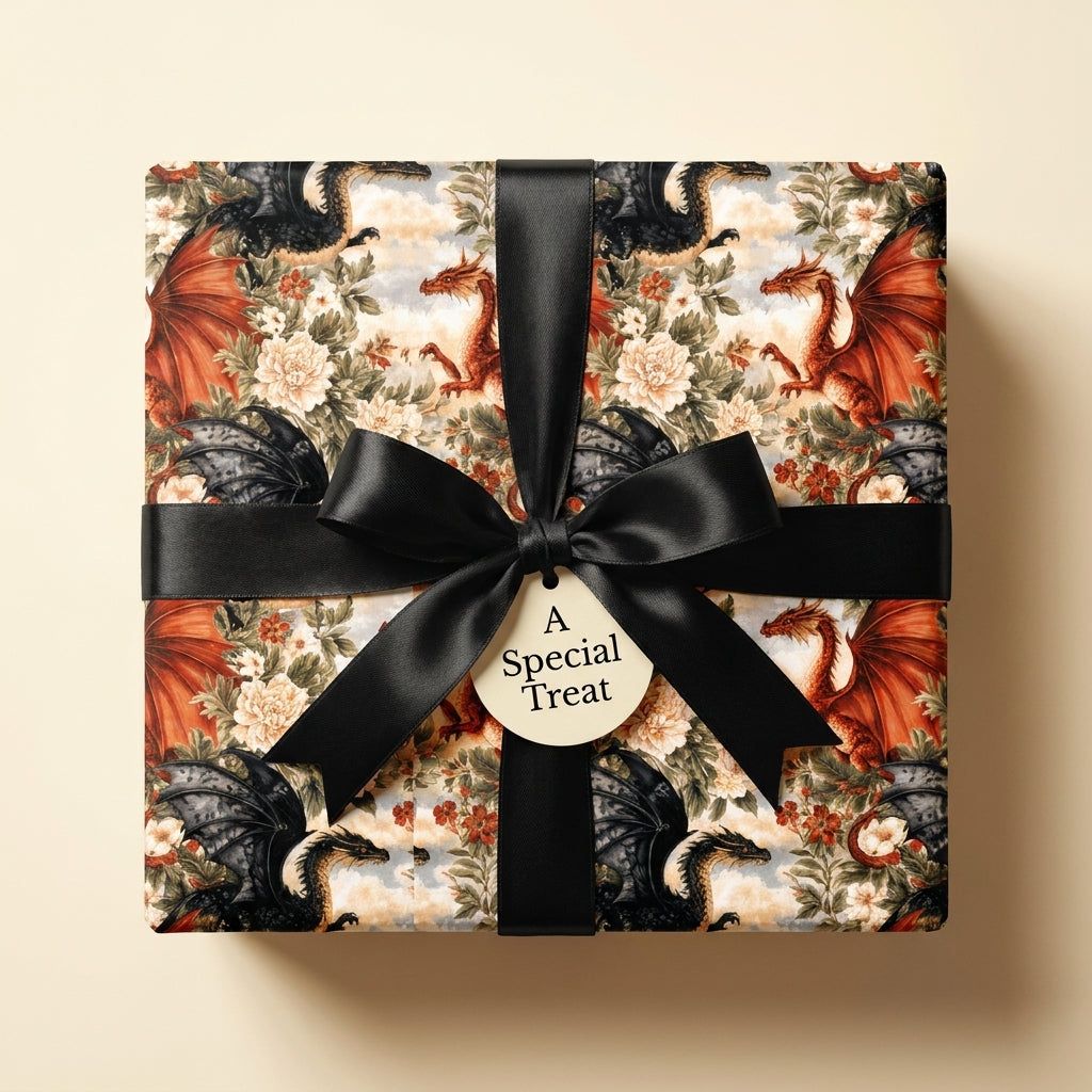 Vintage dragon wrapping paper with black satin bow on a luxury gift box by Wrapped Studios.