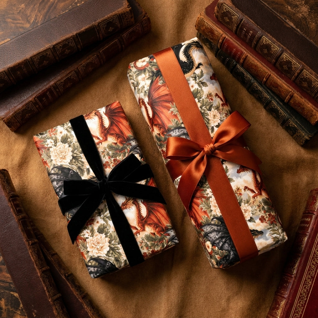 Fantasy dragon wrapping paper with vintage floral design and luxury ribbons by Wrapped Studios.