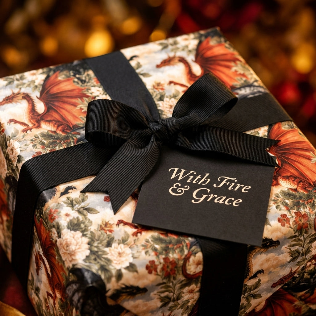 Luxury gothic dragon wrapping paper with a black bow and gold-lettered tag, by Wrapped Studios.