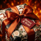 Luxury dragon wrapping paper with a copper ribbon and gift tag, by Wrapped Studios.