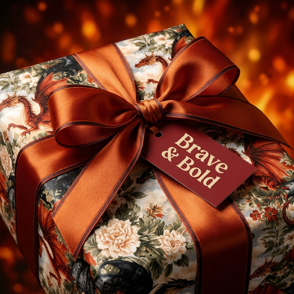 Luxury dragon wrapping paper with a copper ribbon and gift tag, by Wrapped Studios.