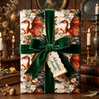 Fantasy dragon wrapping paper with a green velvet ribbon and 'Adventure Awaits' tag by Wrapped Studios.