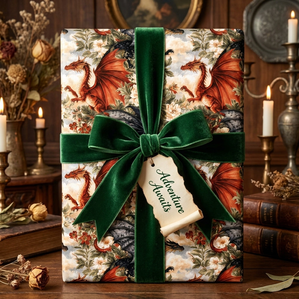 Fantasy dragon wrapping paper with a green velvet ribbon and 'Adventure Awaits' tag by Wrapped Studios.