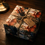 Luxury fantasy dragon wrapping paper with rustic twine and lavender on a gift box by Wrapped Studios.