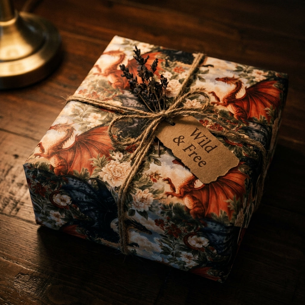 Luxury fantasy dragon wrapping paper with rustic twine and lavender on a gift box by Wrapped Studios.