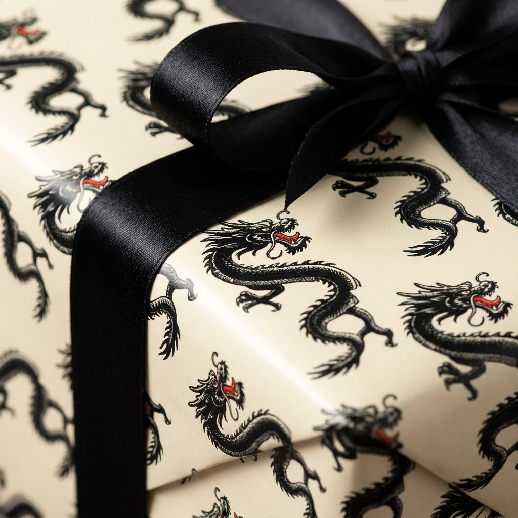 Luxury Chinese dragon wrapping paper with black satin bow by Wrapped Studios.