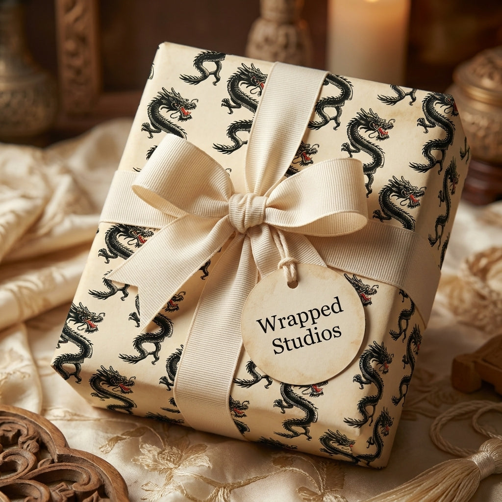 Vintage dragon wrapping paper in cream and black with a luxury ribbon bow, by Wrapped Studios.