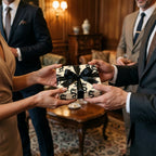 Luxury dragon wrapping paper with black ribbon on a gift box being exchanged, by Wrapped Studios.