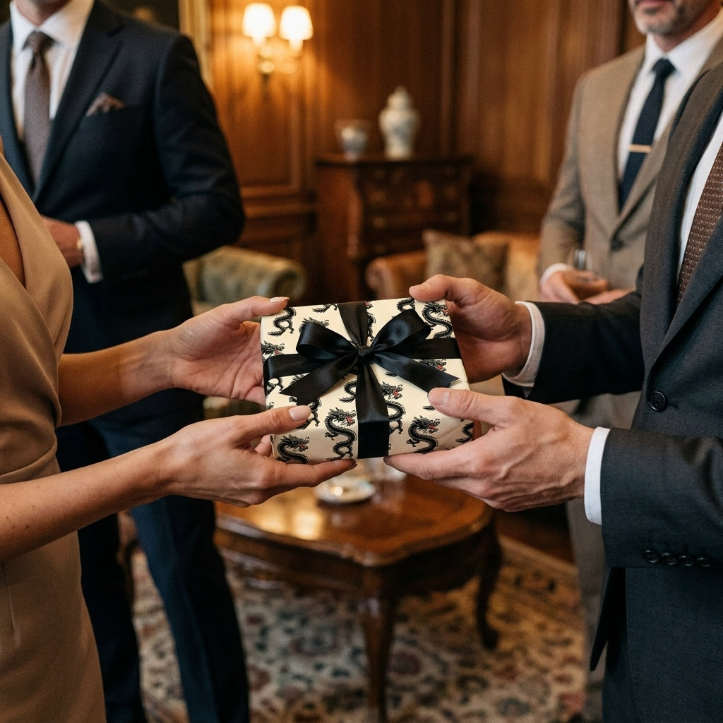 Luxury dragon wrapping paper with black ribbon on a gift box being exchanged, by Wrapped Studios.