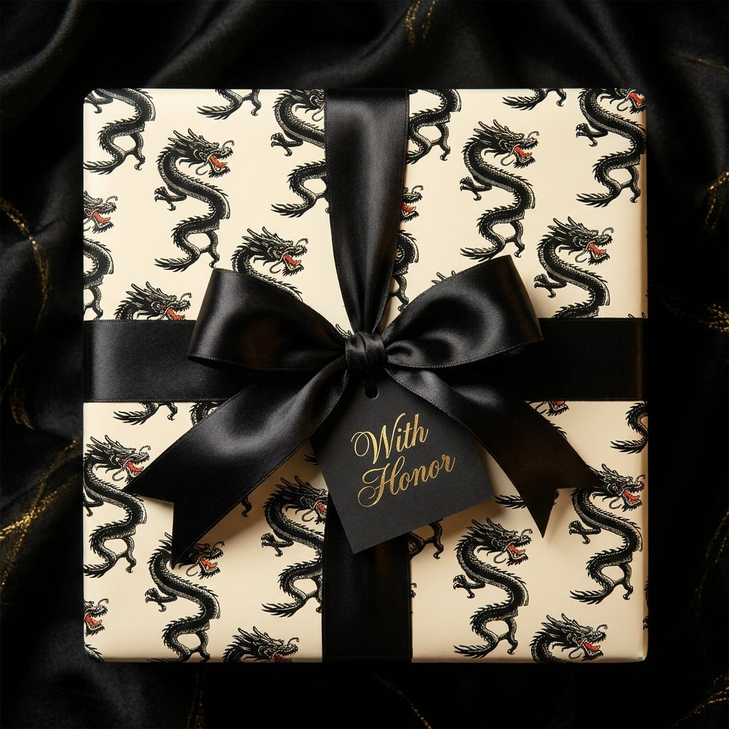 Luxury black and cream dragon wrapping paper with a satin bow and gift tag by Wrapped Studios.