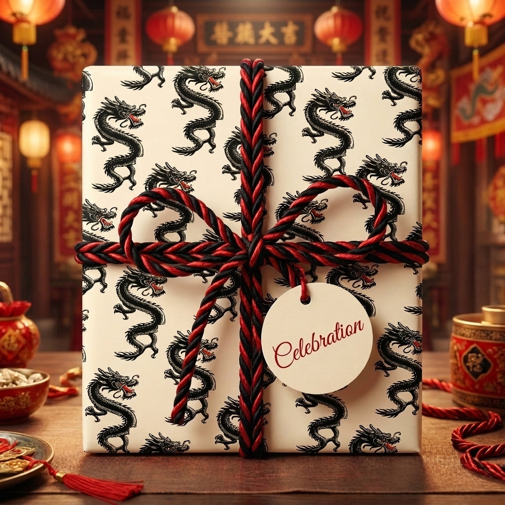 Chinese New Year dragon wrapping paper with red and black cord on a gift box by Wrapped Studios.