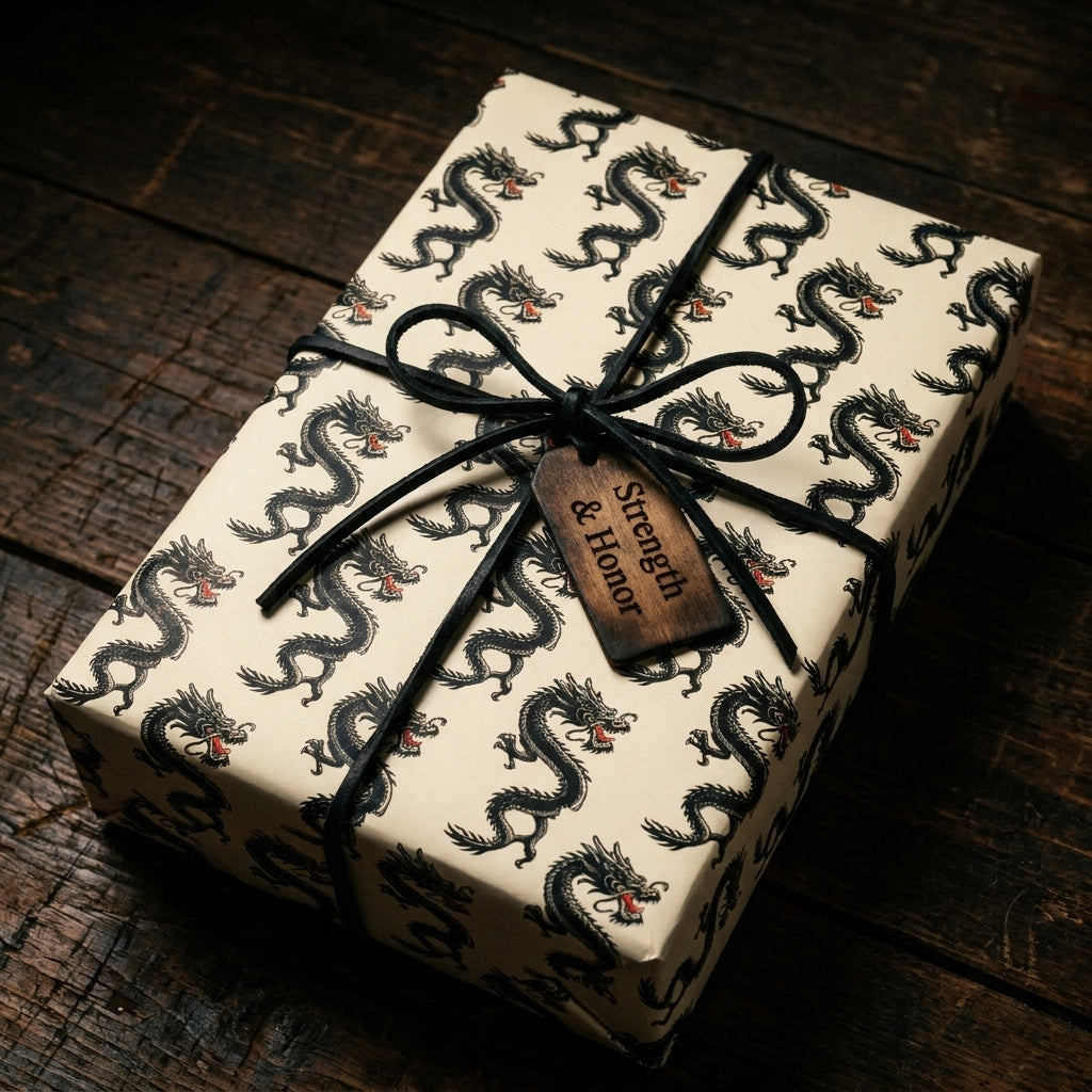 Cream dragon wrapping paper with a black leather bow and wooden tag, luxury gift wrap by Wrapped Studios.