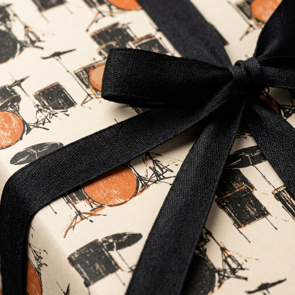 Vintage drum wrapping paper with a black bow, perfect for musician gifts. By Wrapped Studios.
