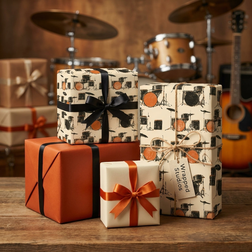 Drummer wrapping paper with drum kit illustrations on gift boxes with ribbons by Wrapped Studios.