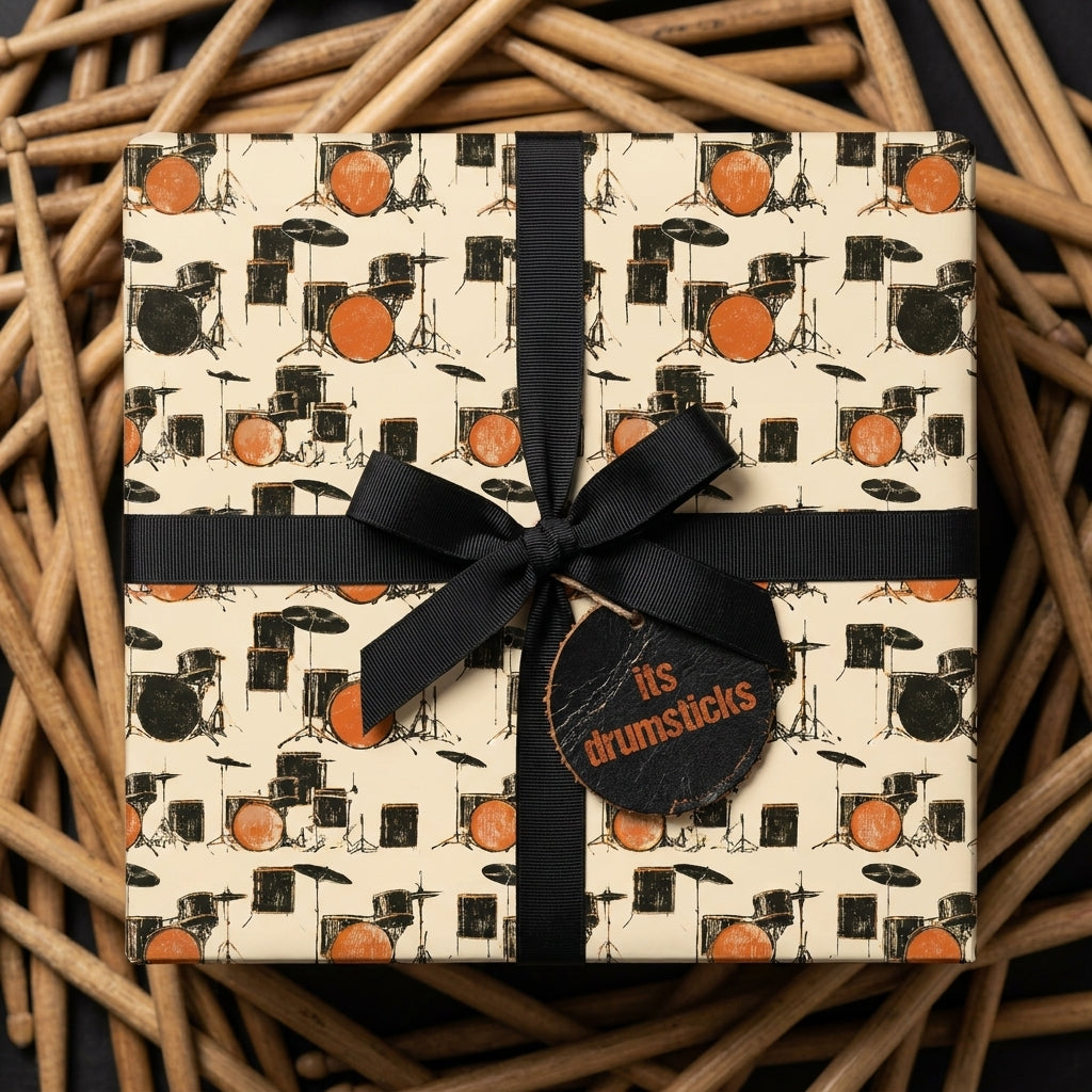 Drummer wrapping paper featuring retro drum set pattern and black bow on a gift box by Wrapped Studios.