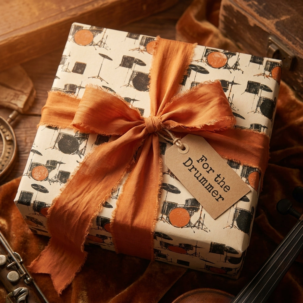 Drum kit wrapping paper with a terracotta silk bow and 'For the Drummer' tag by Wrapped Studios.