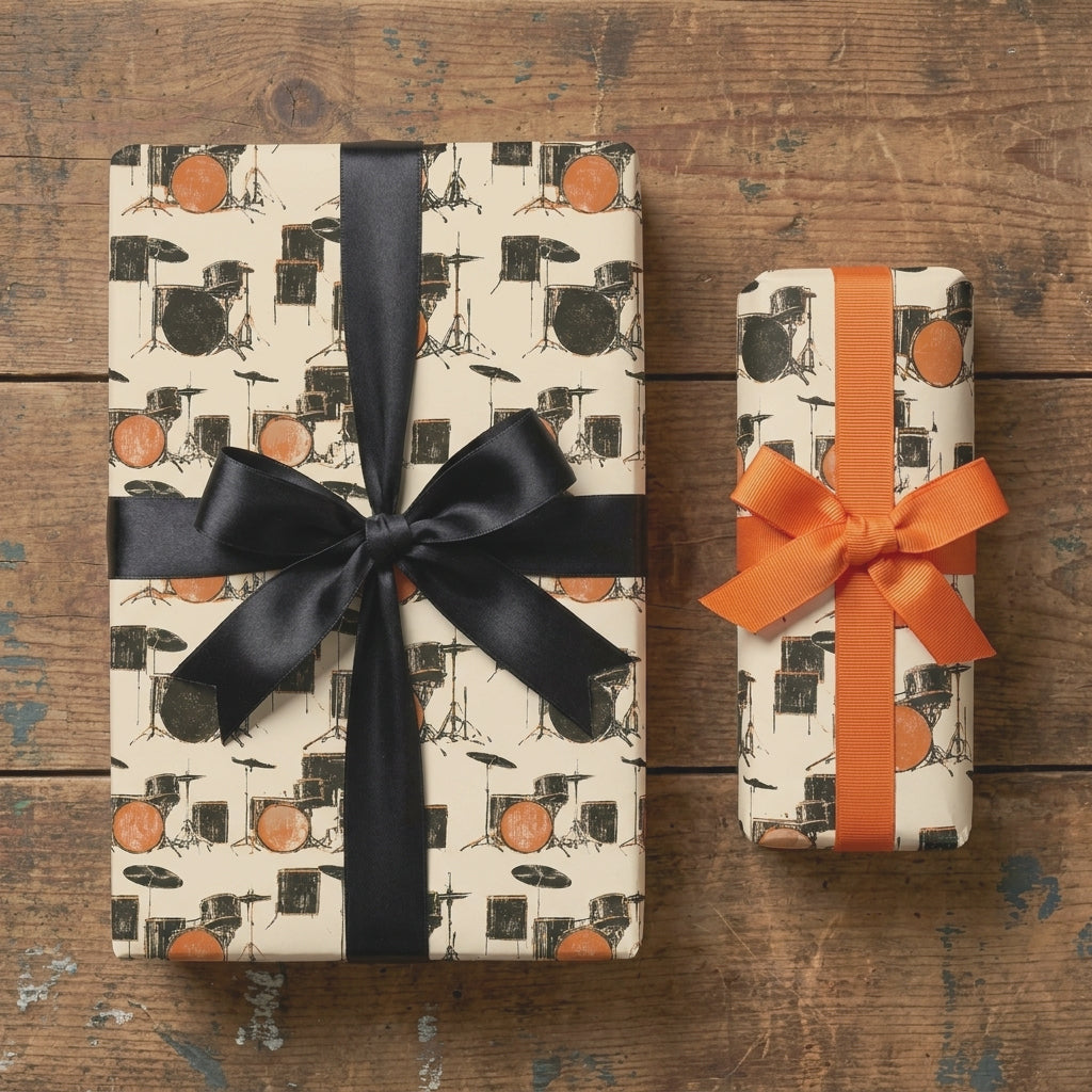 Retro music wrapping paper with a vintage drum pattern on gifts by Wrapped Studios.