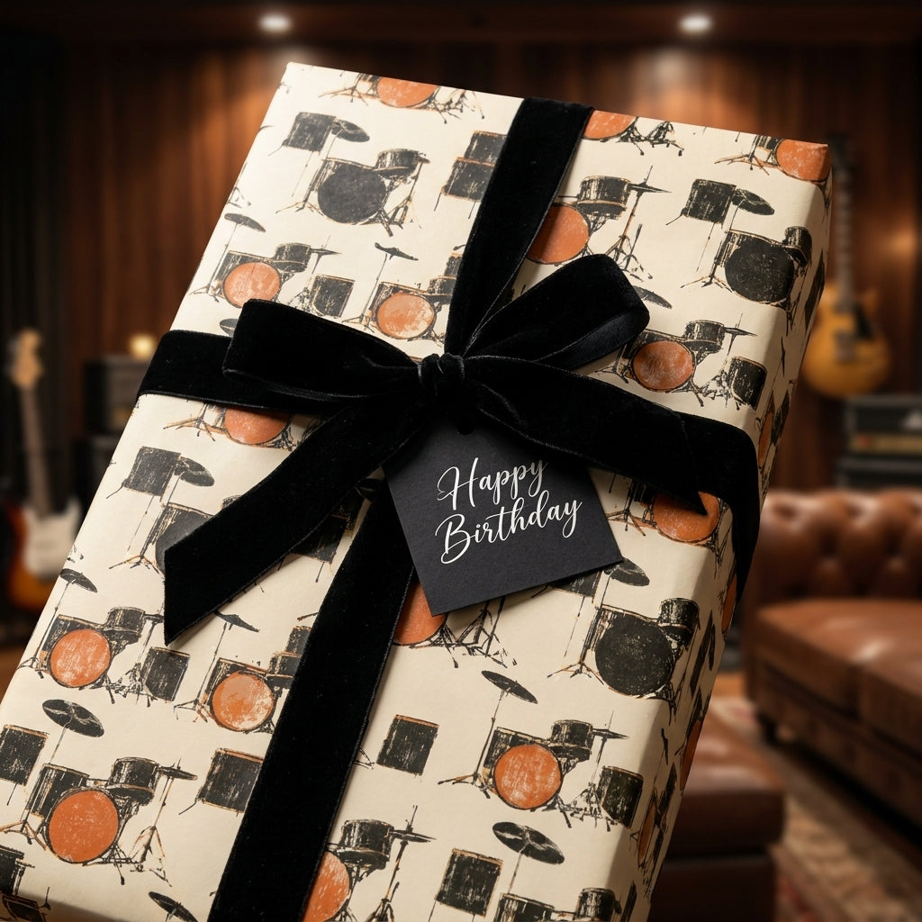 Vintage drum kit birthday wrapping paper with a black velvet bow by Wrapped Studios.