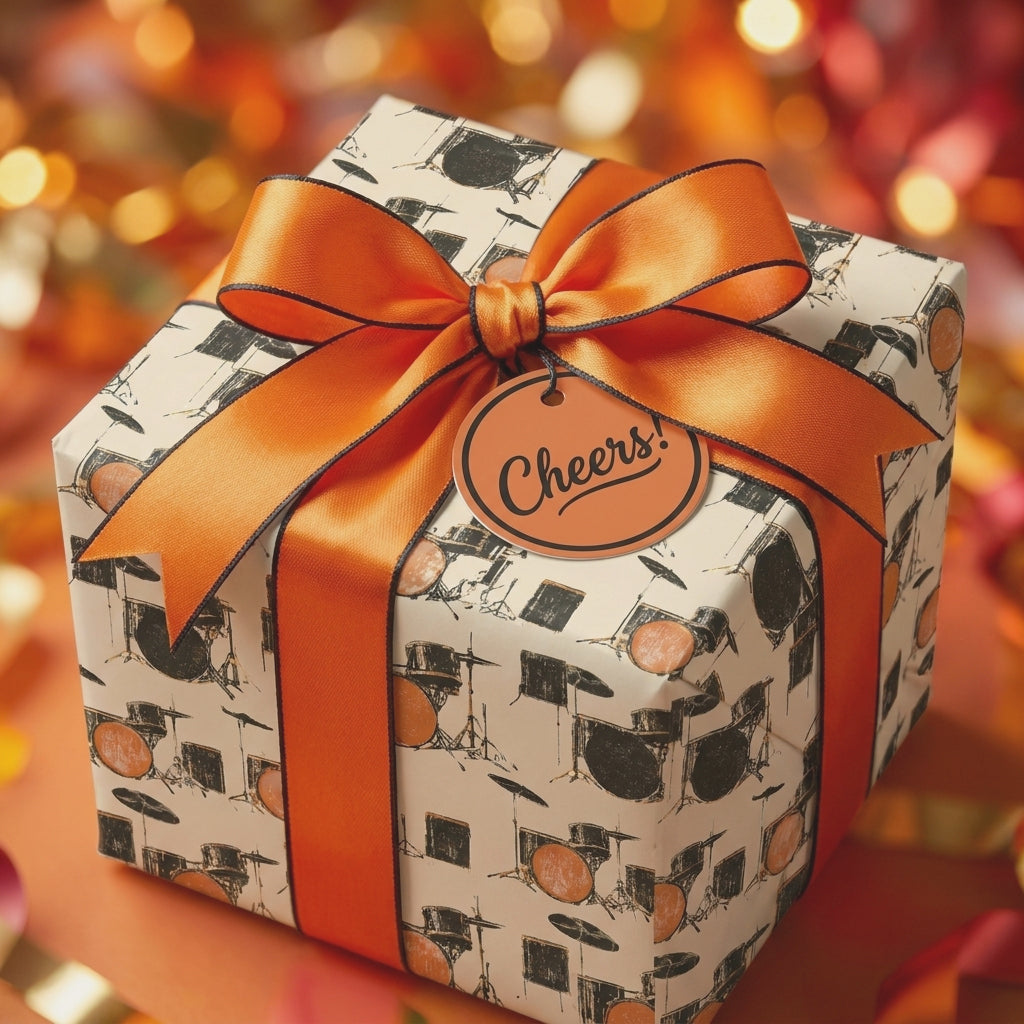Drum kit birthday wrapping paper with luxury orange bow and Cheers tag by Wrapped Studios.