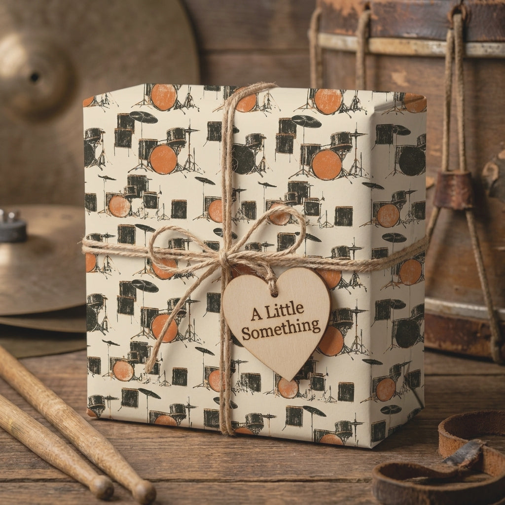 Vintage music gift wrap featuring a drum set pattern and rustic twine bow by Wrapped Studios.