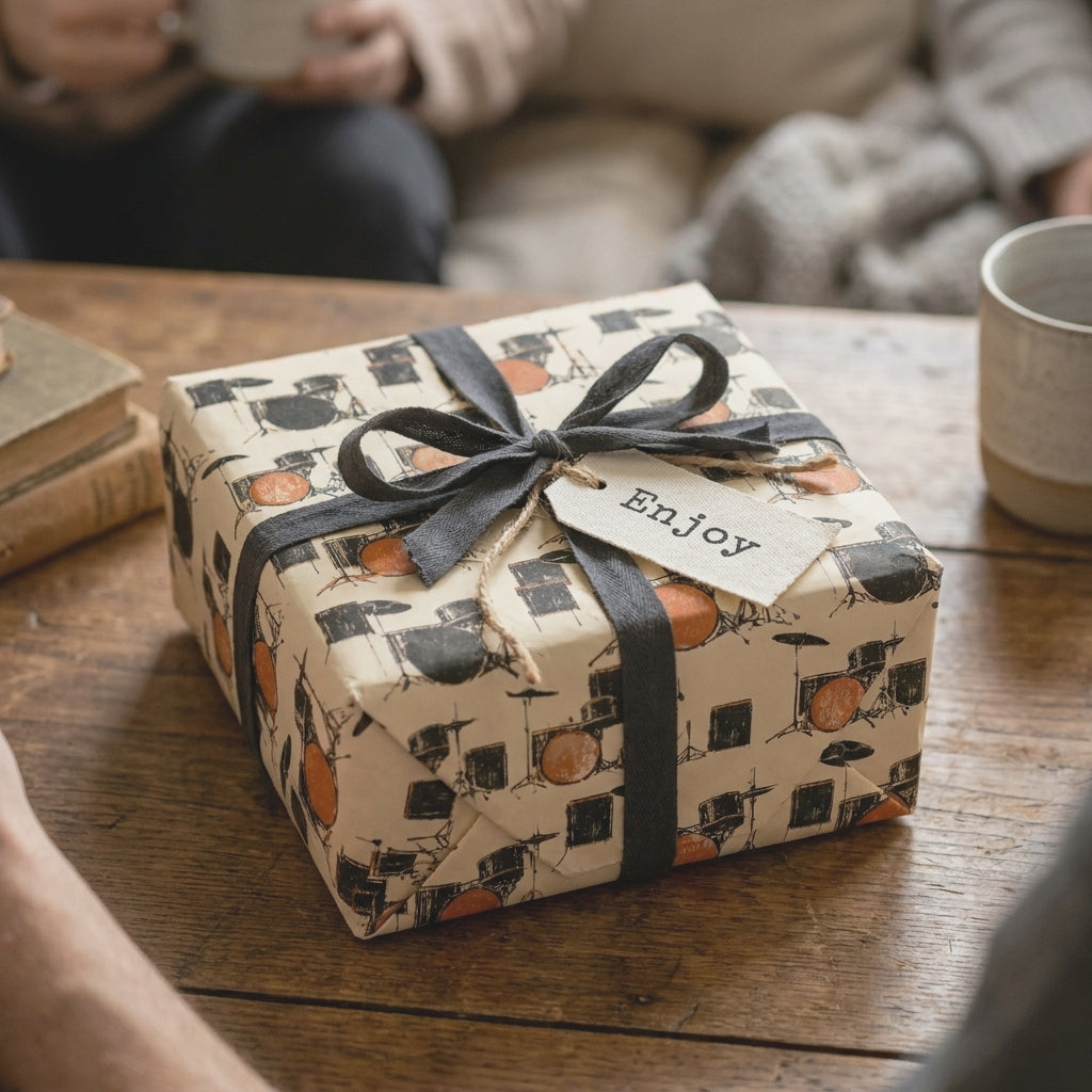 Vintage drum kit gift wrap with a black ribbon on a cozy wooden table by Wrapped Studios.