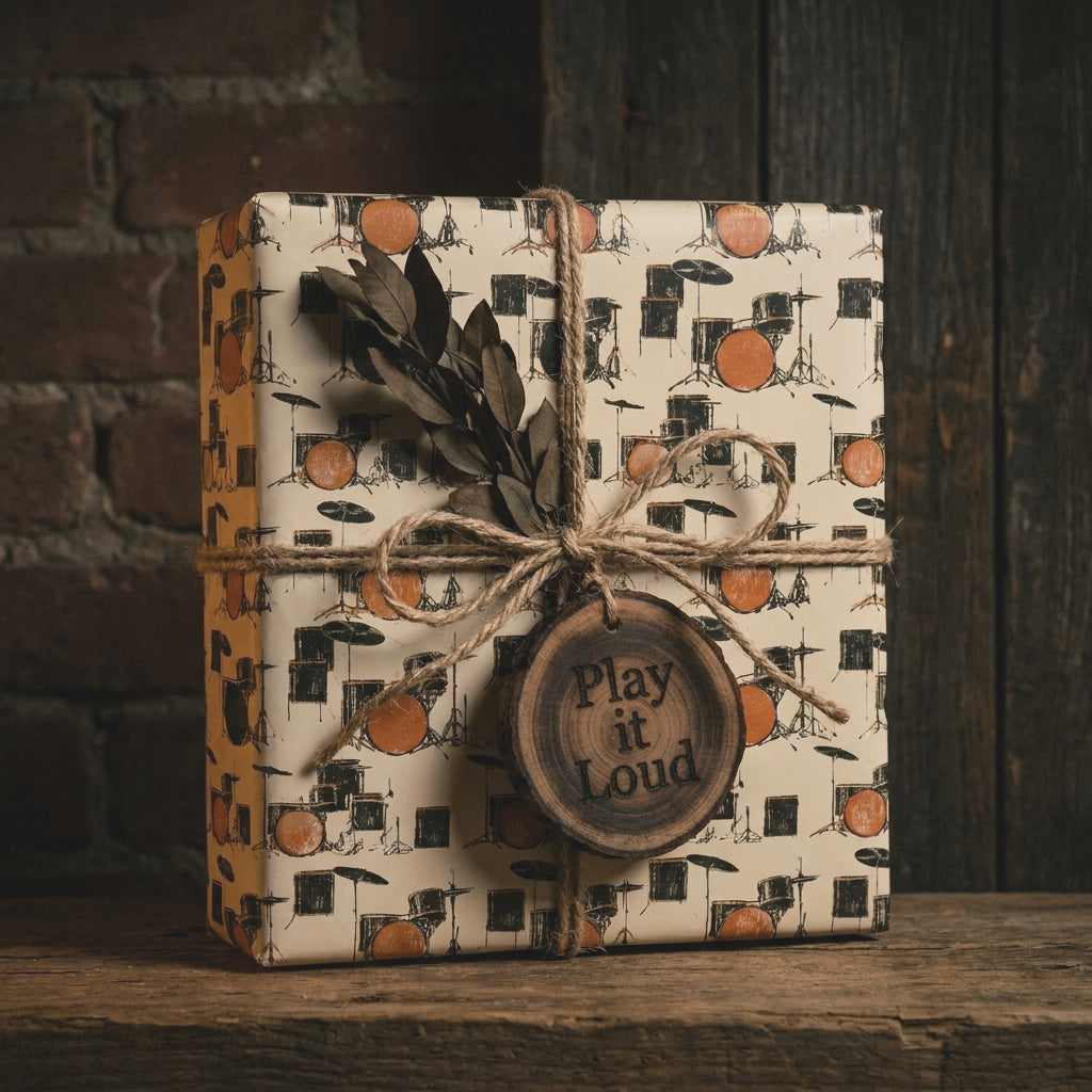 Drum kit music wrapping paper with rustic twine for musician gifts, by Wrapped Studios.