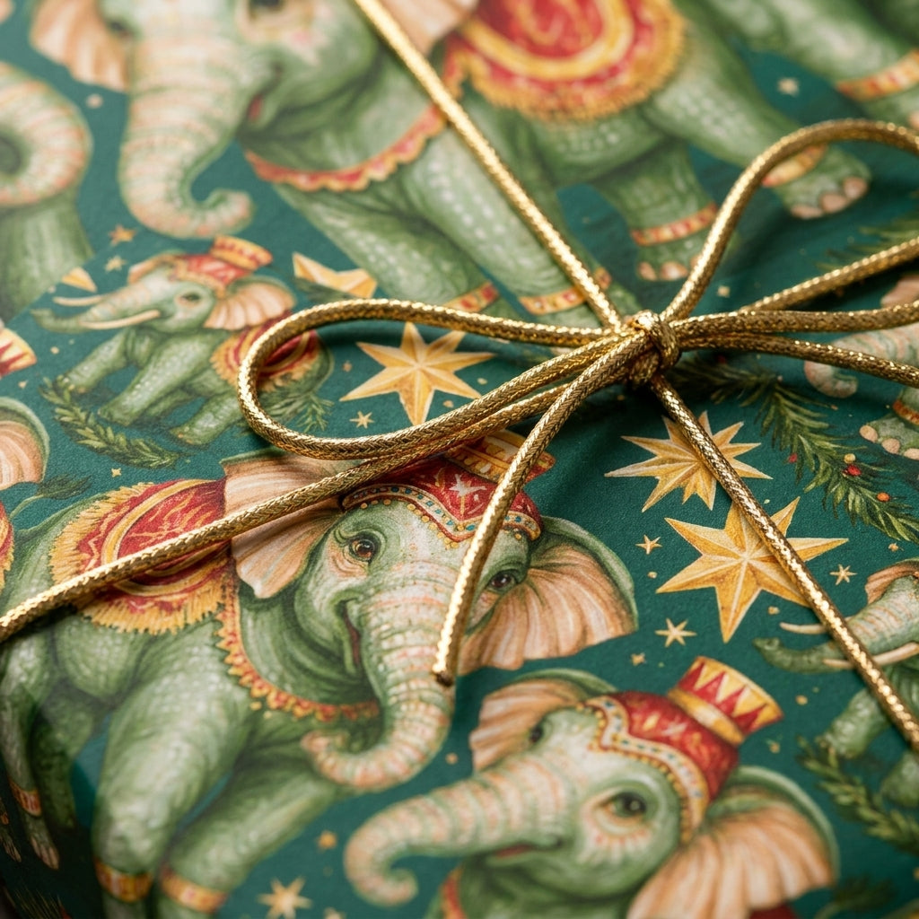 Vintage elephant Christmas wrapping paper in green and gold with a metallic bow by Wrapped Studios.