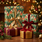 Vintage green elephant Christmas wrapping paper on gifts with red velvet bows by Wrapped Studios.