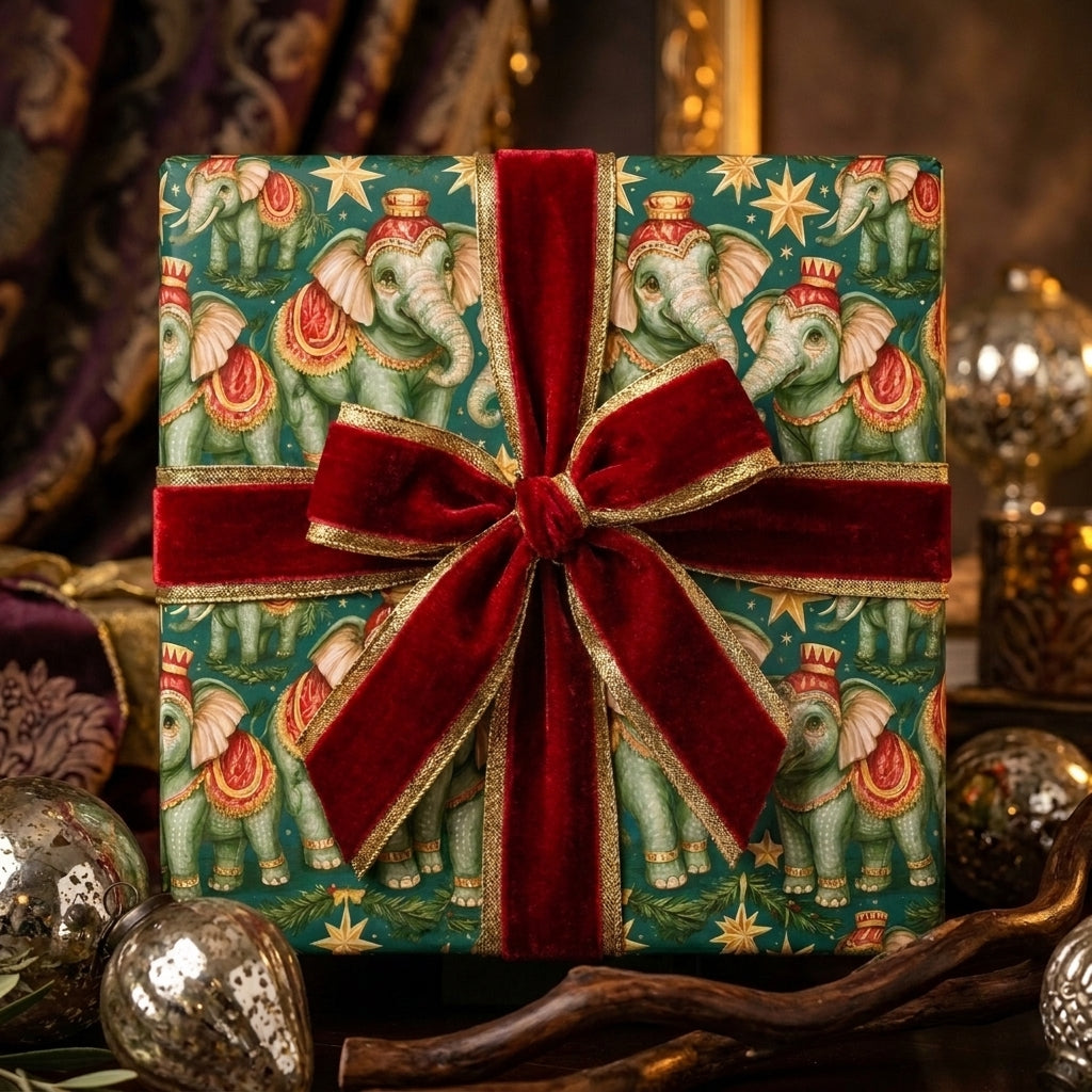 Luxury vintage elephant Christmas wrapping paper with a red velvet bow by Wrapped Studios.