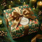 Luxury elephant Christmas wrapping paper with gold bow and Season's Greetings tag by Wrapped Studios.