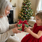 Grandmother giving child a gift in green elephant Christmas wrapping paper with red bow by Wrapped Studios.