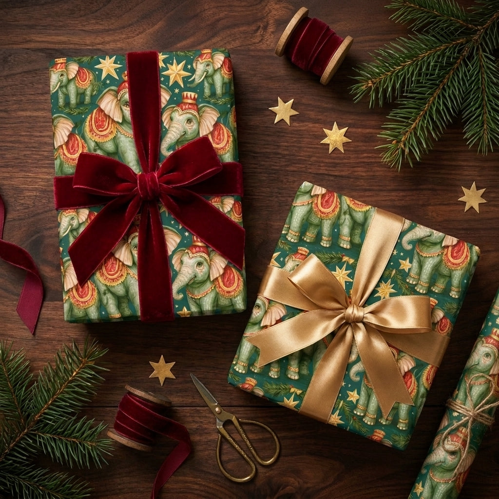 Vintage green elephant Christmas wrapping paper with red velvet and gold ribbons by Wrapped Studios.