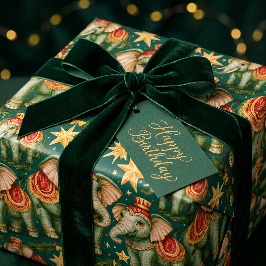 Vintage elephant birthday wrapping paper with a green velvet bow and tag by Wrapped Studios.
