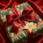 Luxury elephant Christmas gift wrap with red satin bow and gold 'Joy' tag by Wrapped Studios.