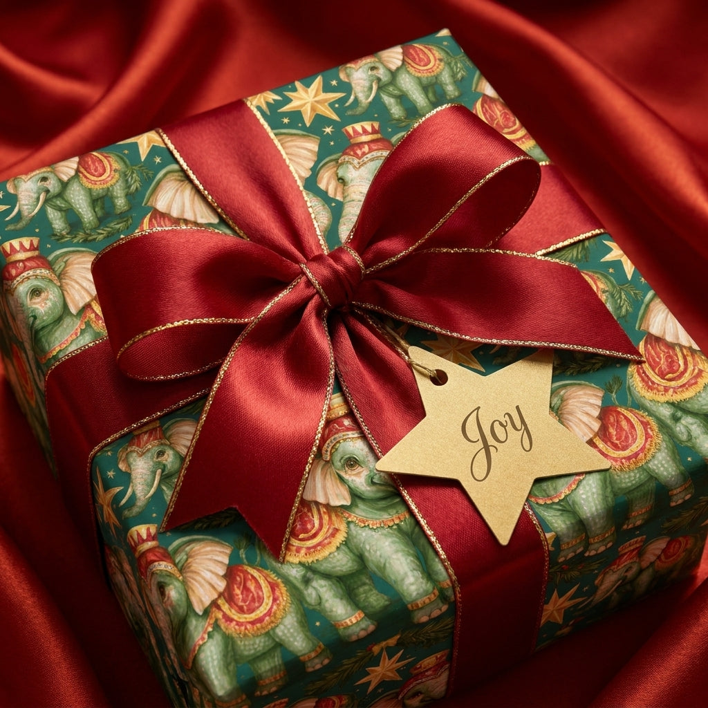 Luxury elephant Christmas gift wrap with red satin bow and gold 'Joy' tag by Wrapped Studios.