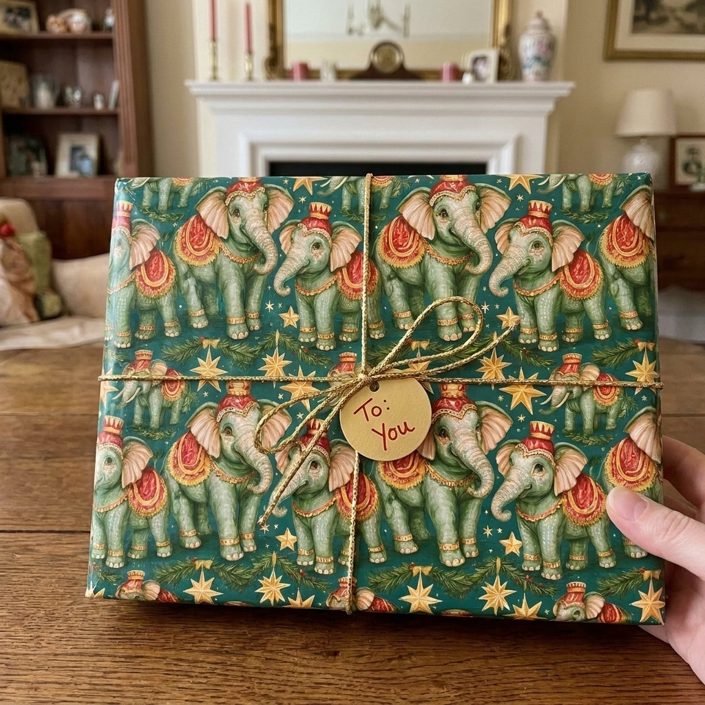 Whimsical elephant Christmas wrapping paper by Wrapped Studios on a gift box with gold string.