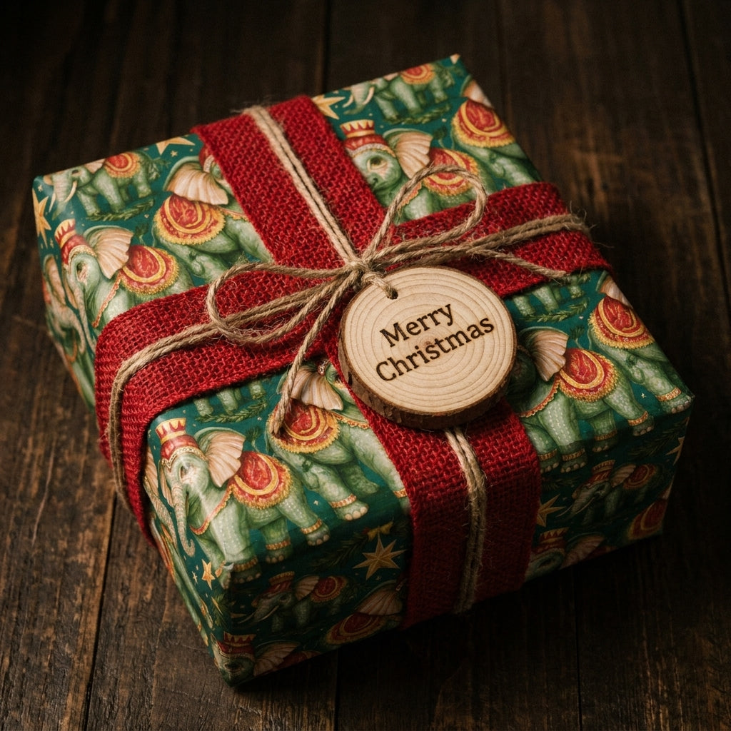 Rustic Christmas gift wrap with green vintage elephant pattern and red ribbon, by Wrapped Studios.