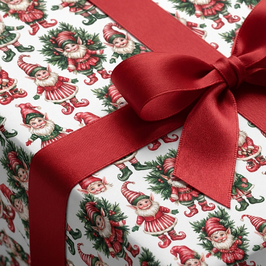Vintage elf Christmas wrapping paper with a red satin ribbon bow by Wrapped Studios.