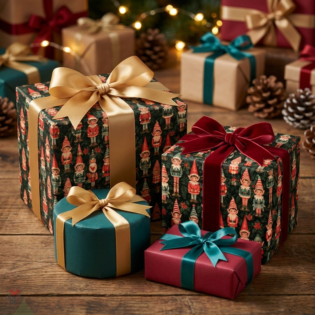 Vintage elf holiday wrapping paper on luxury Christmas gifts with velvet bows by Wrapped Studios.